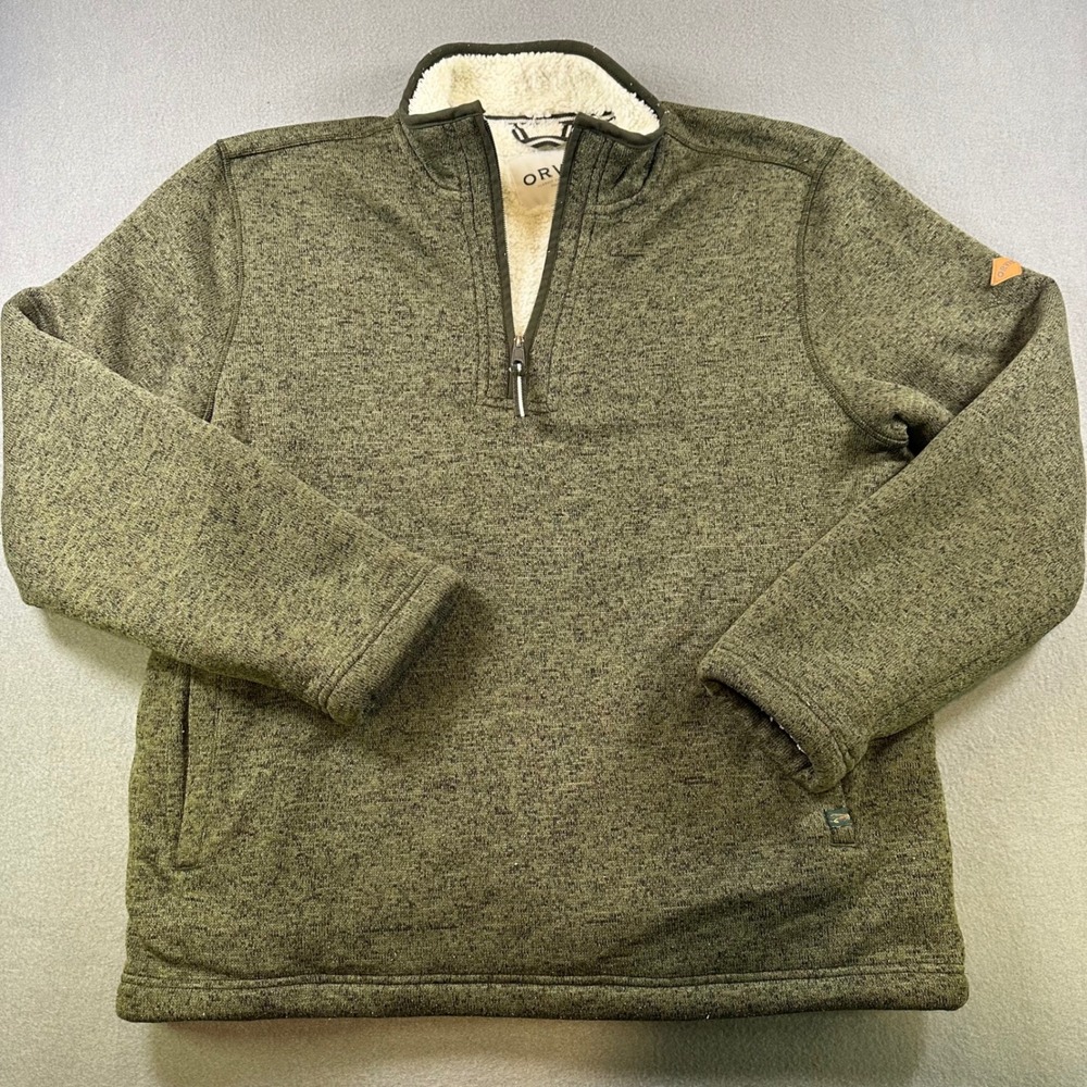 Orvis Mens Sherpa Lined Quarter Zip Pullover Sweater Olive Green Marled Large